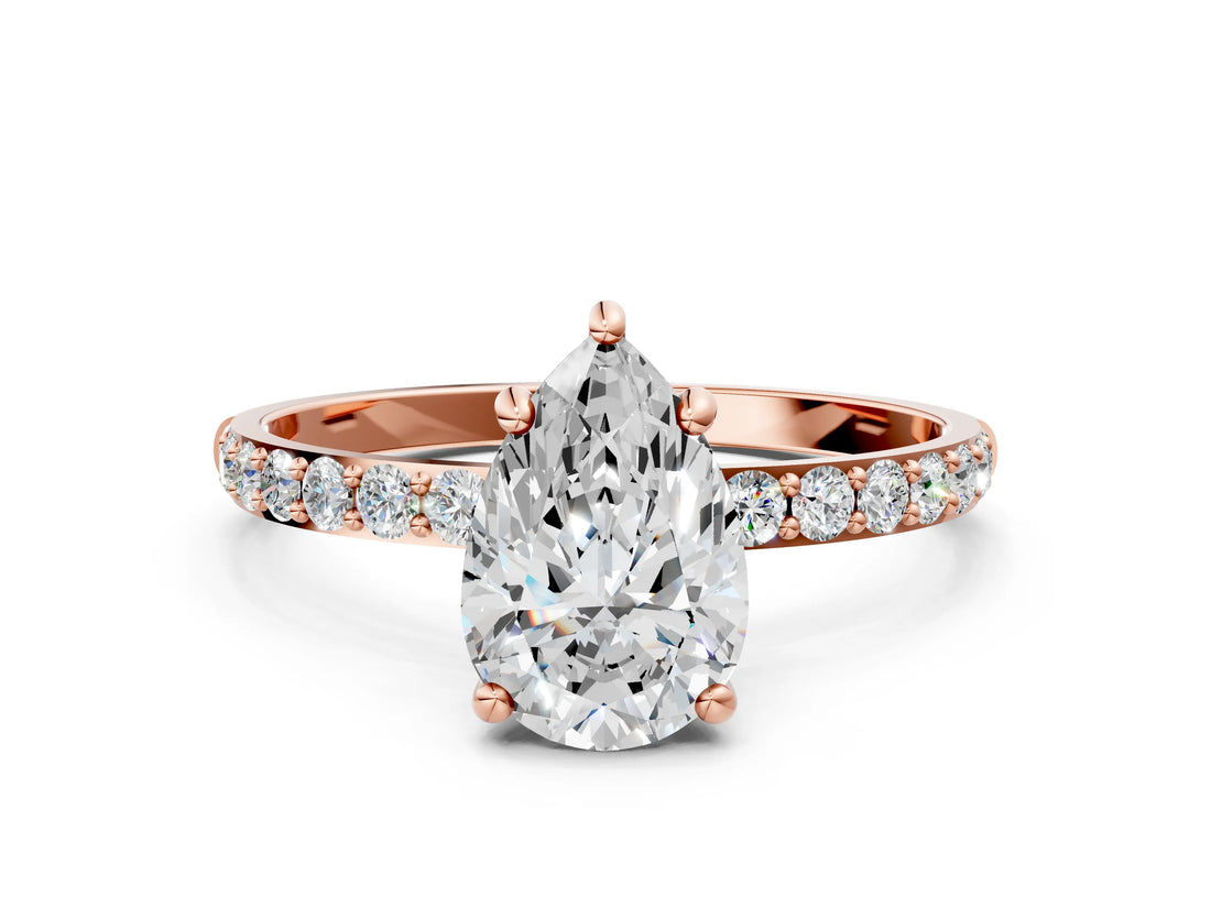 Rose gold Pear Cut Diamond Solitaire Ring with Round with Moissanite side stone Pavé Band and Prong Setting_12