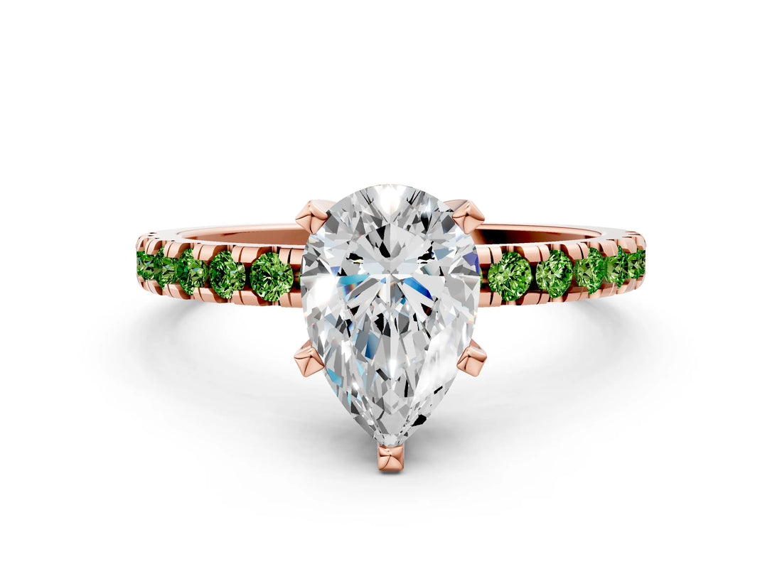 Rose gold Pear Cut Diamond Solitaire Ring with Round with Peridot side stone Pavé Band and Four-Prong Setting_36