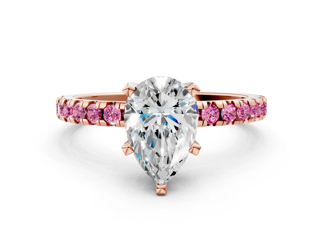 Rose gold Pear Cut Diamond Solitaire Ring with Round with Pink Sapphire side stone Pavé Band and Four-Prong Setting_36