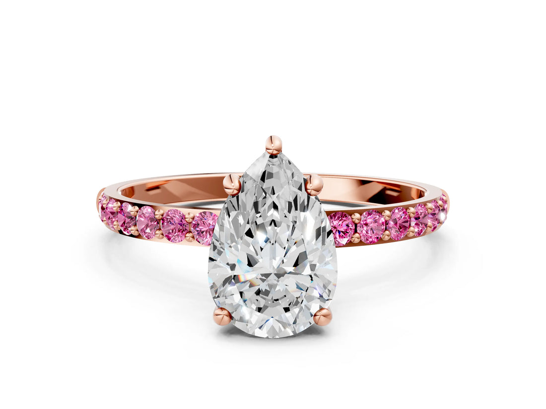 Rose gold Pear Cut Diamond Solitaire Ring with Round with Pink Sapphire side stone Pavé Band and Prong Setting_12