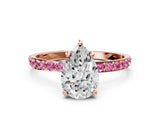 Rose gold Pear Cut Diamond Solitaire Ring with Round with Pink Sapphire side stone Pavé Band and Prong Setting_12