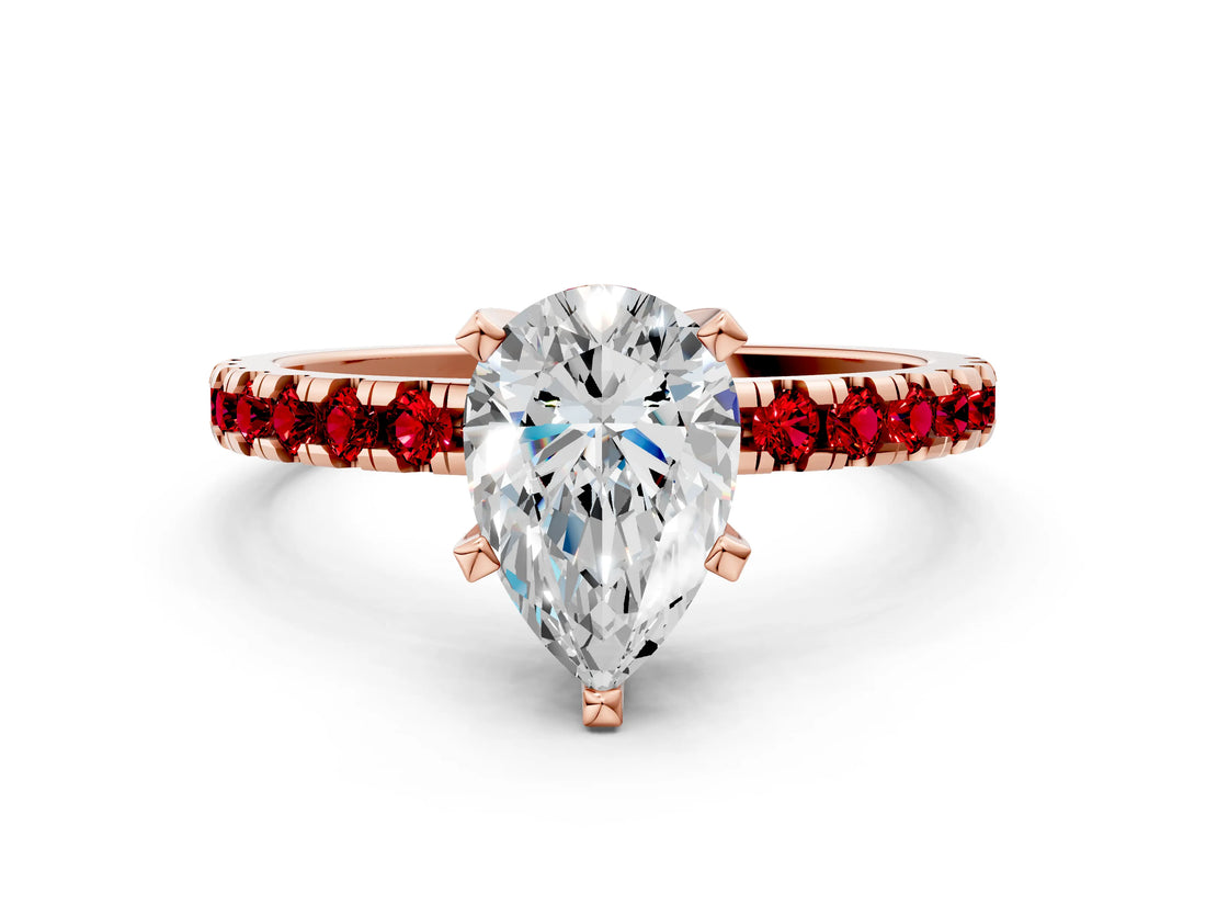 Rose gold Pear Cut Diamond Solitaire Ring with Round with Ruby side stone Pavé Band and Four-Prong Setting_36