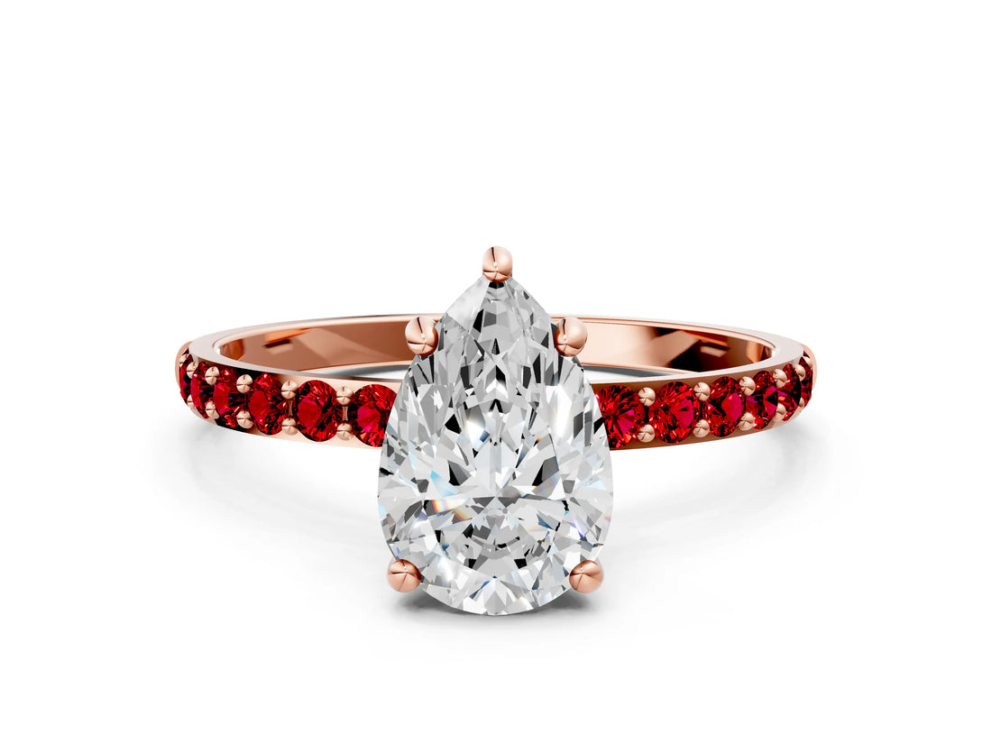 Rose gold Pear Cut Diamond Solitaire Ring with Round with Ruby side stone Pavé Band and Prong Setting_36