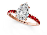 Rose gold Pear Cut Diamond Solitaire Ring with Round with Ruby side stone Pavé Band and Prong Setting_37