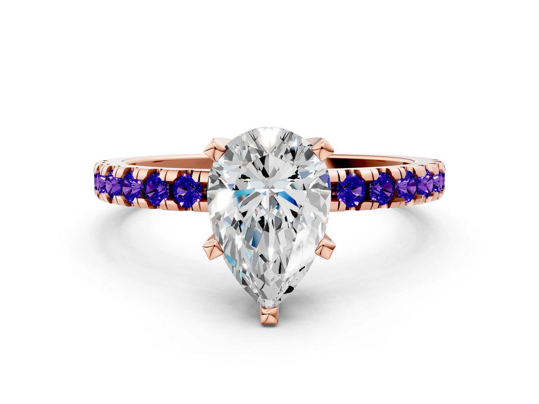Rose gold Pear Cut Diamond Solitaire Ring with Round with Tanzanite side stone Pavé Band and Four-Prong Setting_36