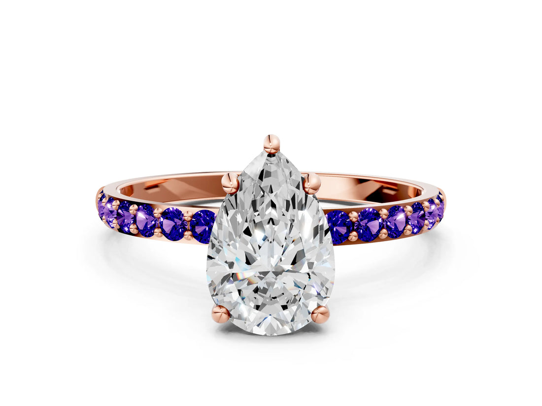 Rose gold Pear Cut Diamond Solitaire Ring with Round with Tanzanite side stone Pavé Band and Prong Setting_12