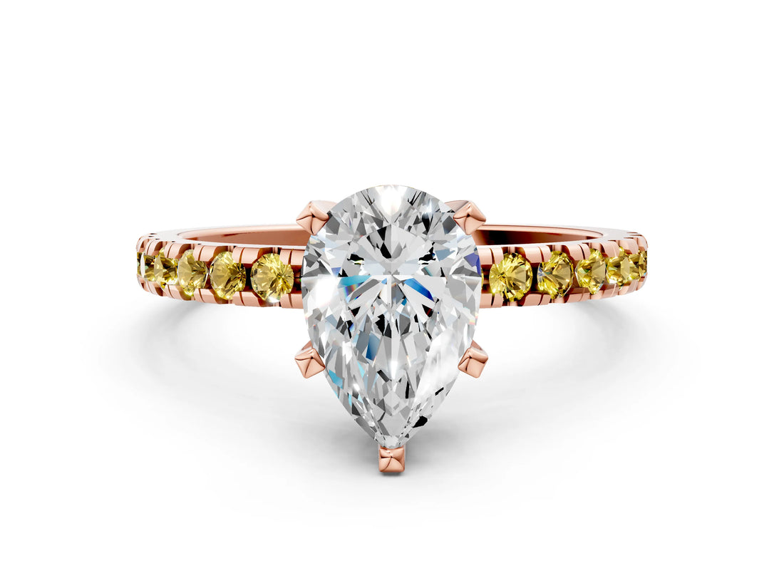 Rose gold Pear Cut Diamond Solitaire Ring with Round with Yellow Sapphire side stone Pavé Band and Four-Prong Setting_36