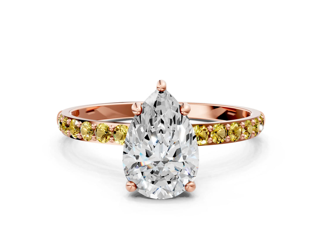 Rose gold Pear Cut Diamond Solitaire Ring with Round with Yellow Sapphire side stone Pavé Band and Prong Setting_24