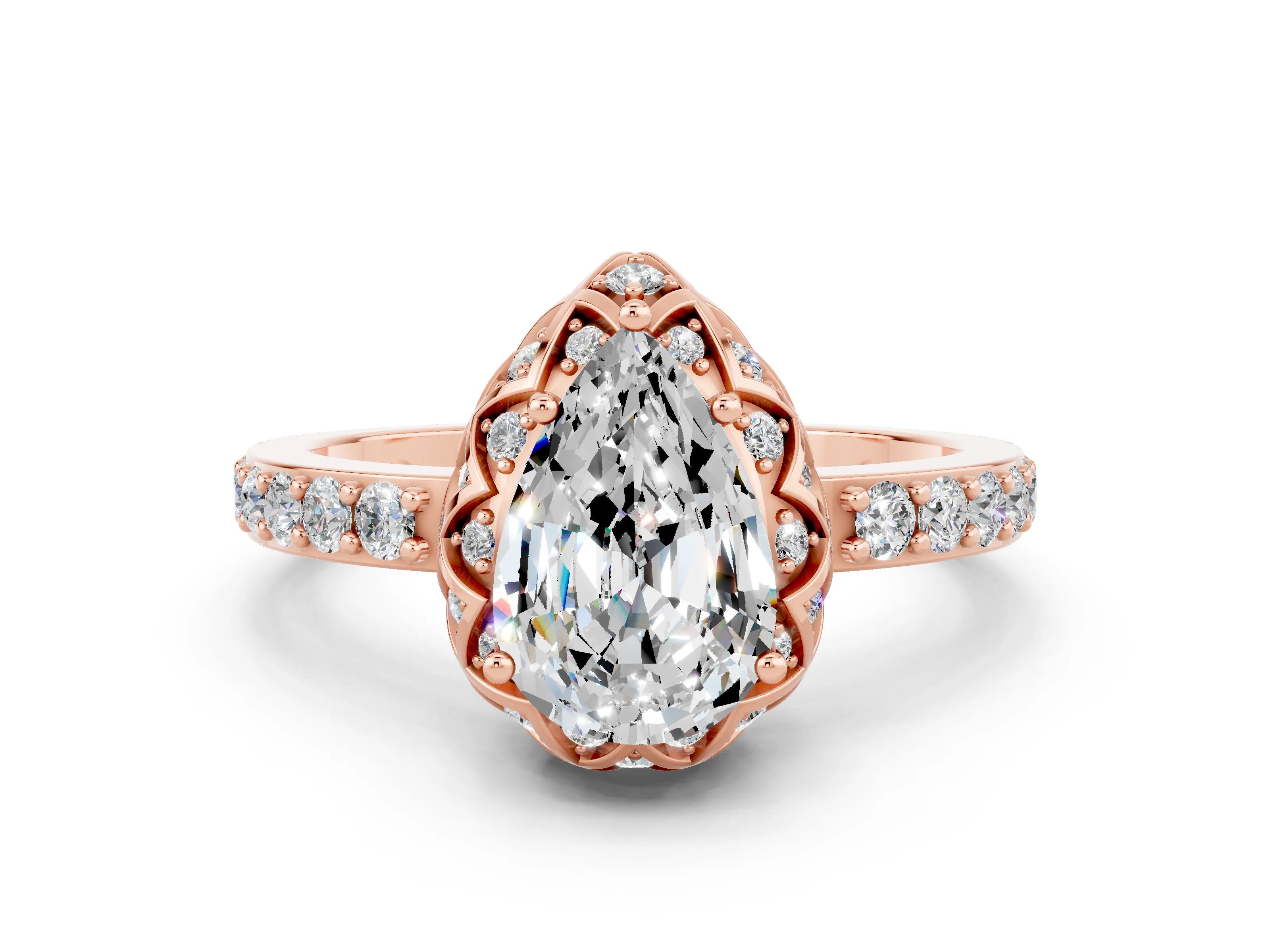 Rose gold Pear Cut Diamond Solitaire Ring with Shared Prong Pavé Band