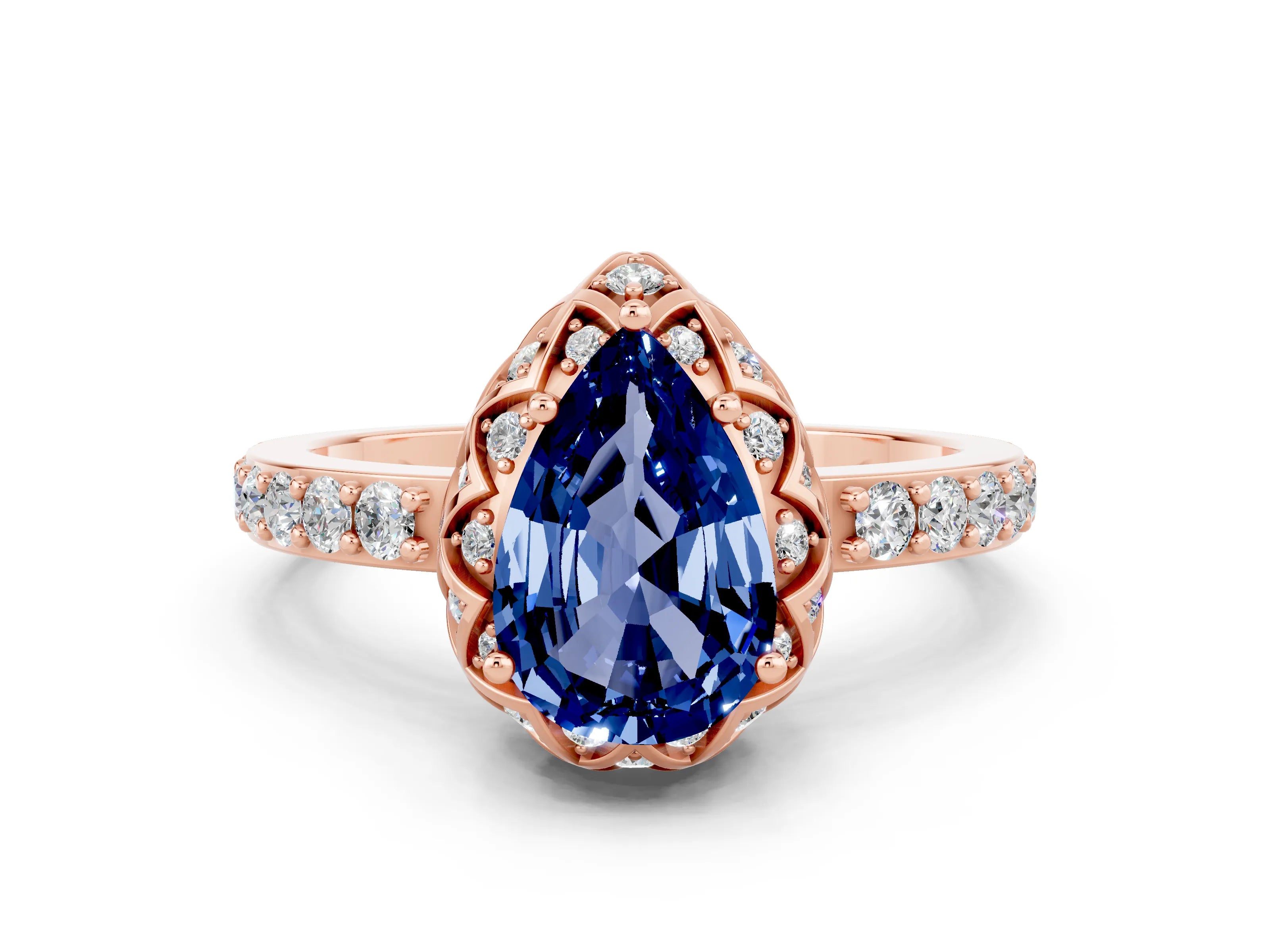 Rose gold Pear Cut Diamond Solitaire Ring with Shared Prong Pavé Band