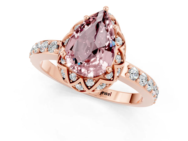 Rose gold Pear Cut Diamond Solitaire Ring with Shared Prong Pavé Band