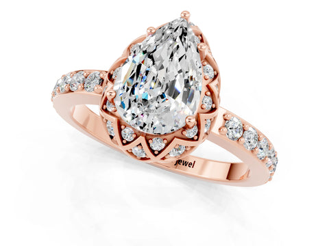 Rose gold Pear Cut Diamond Solitaire Ring with Shared Prong Pavé Band_1