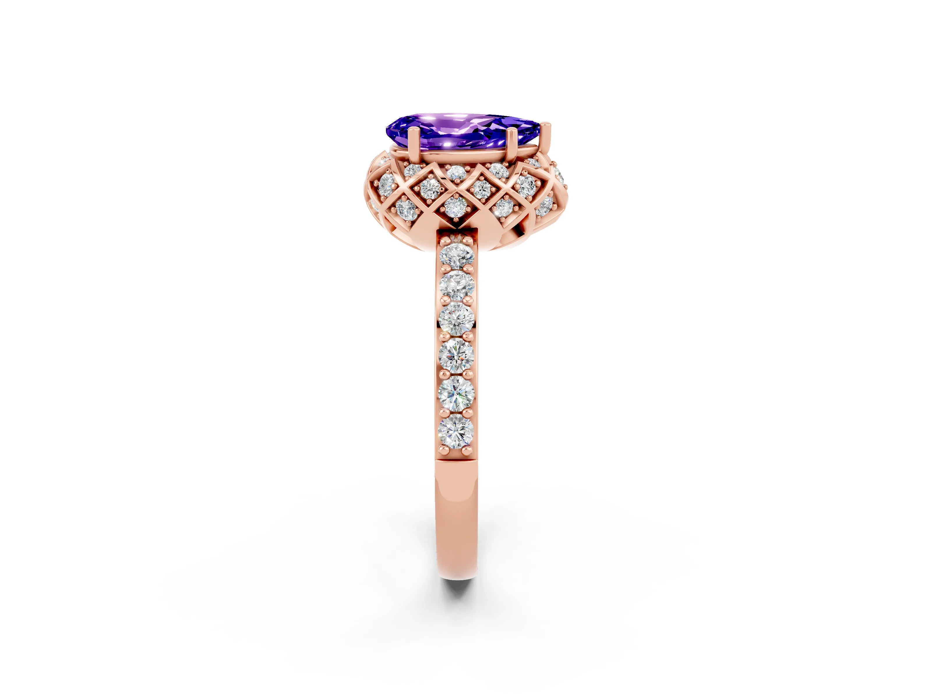Rose gold Pear Cut Diamond Solitaire Ring with Shared Prong Pavé Band_2