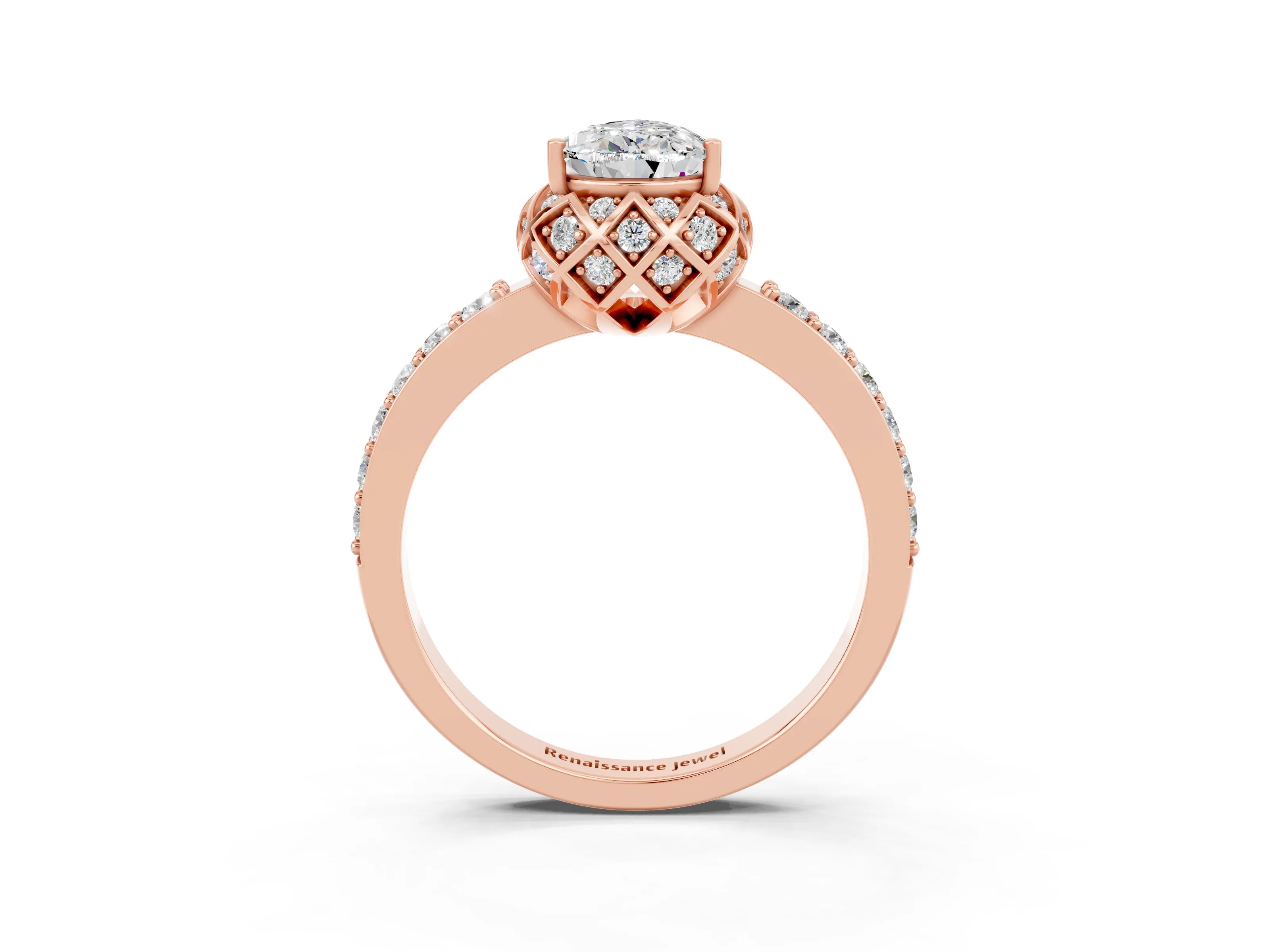 Rose gold Pear Cut Diamond Solitaire Ring with Shared Prong Pavé Band_3