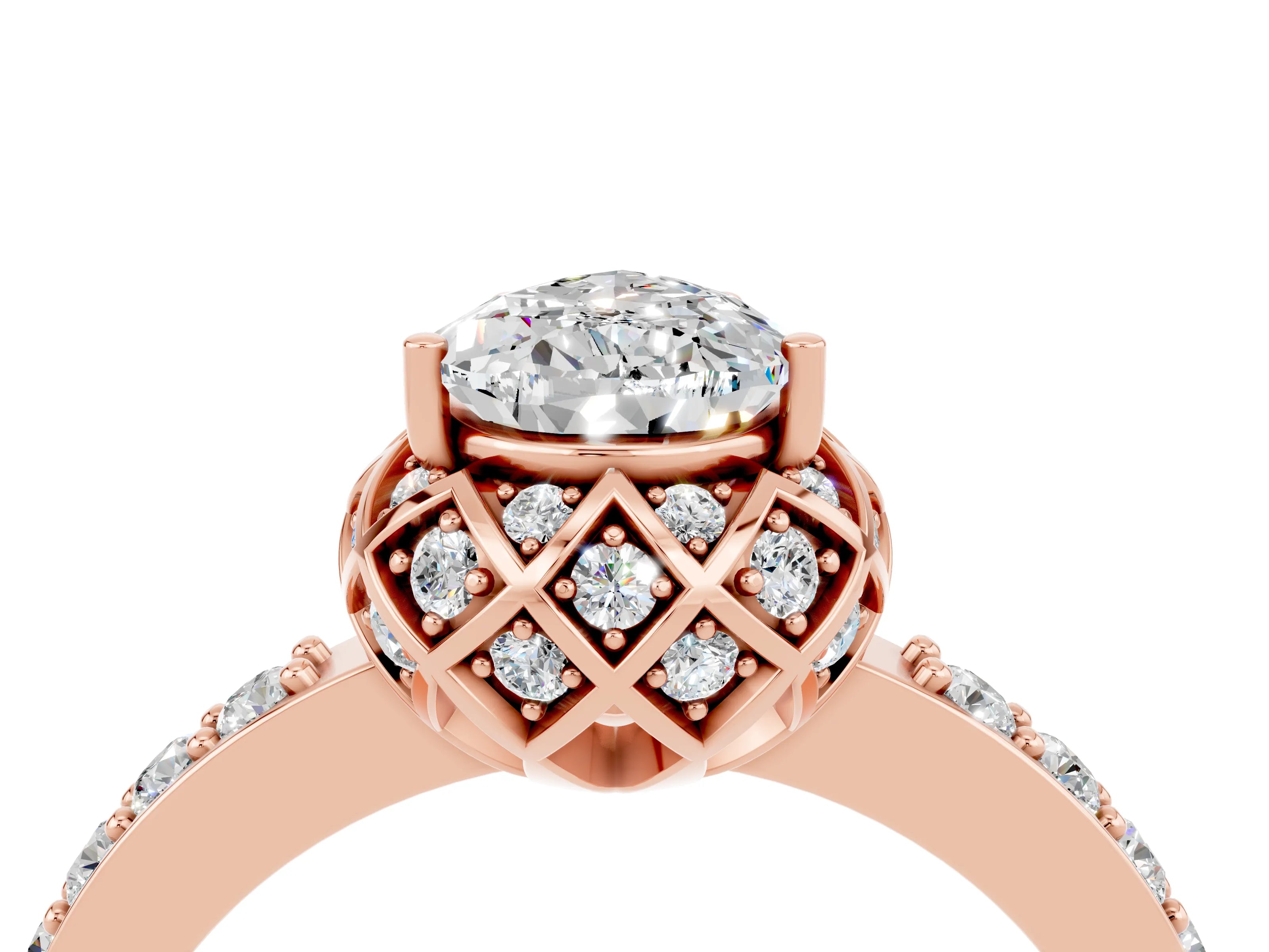 Rose gold Pear Cut Diamond Solitaire Ring with Shared Prong Pavé Band_4