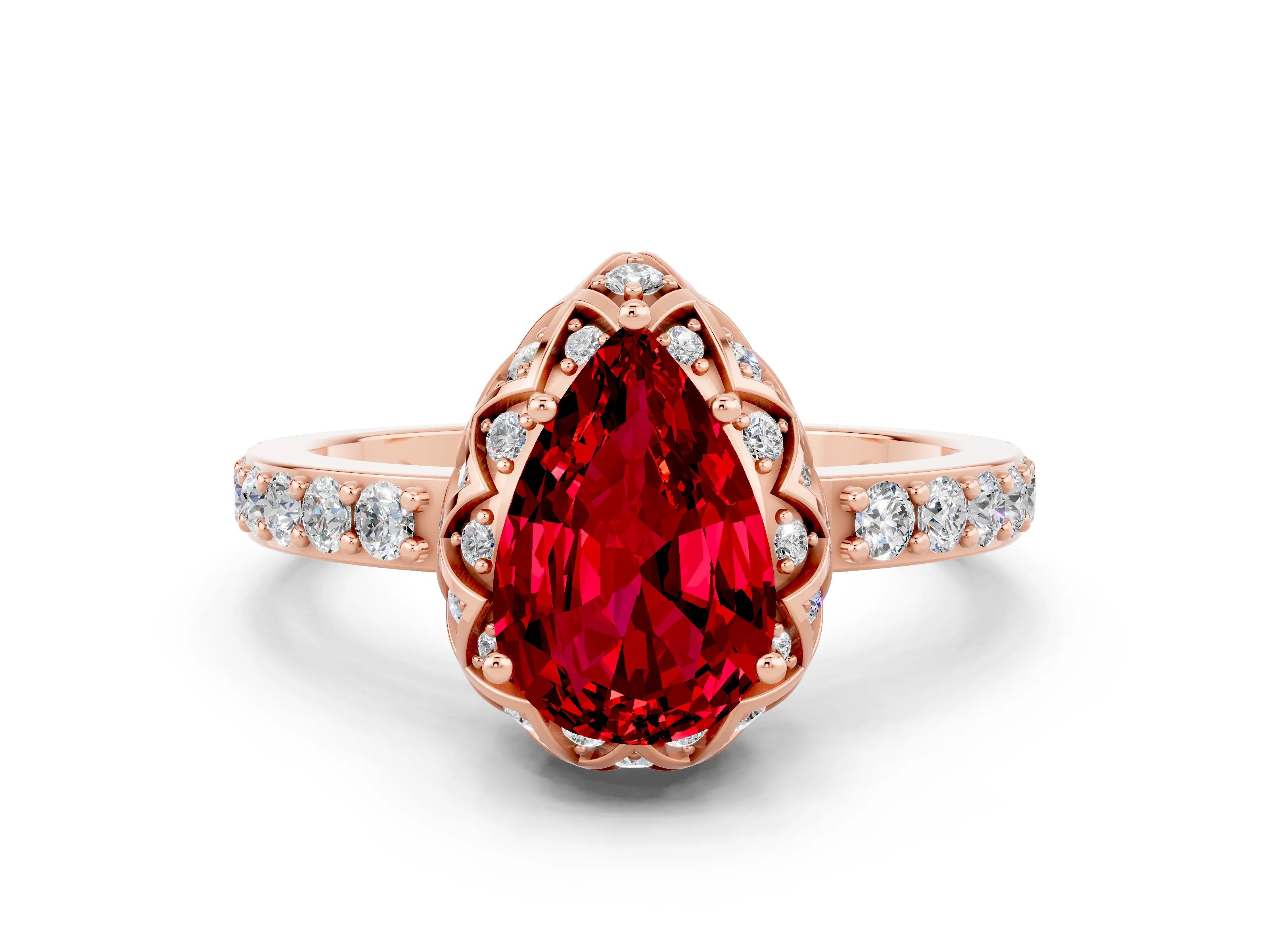 Rose gold Pear Cut Diamond Solitaire Ring with Shared Prong Pavé Band