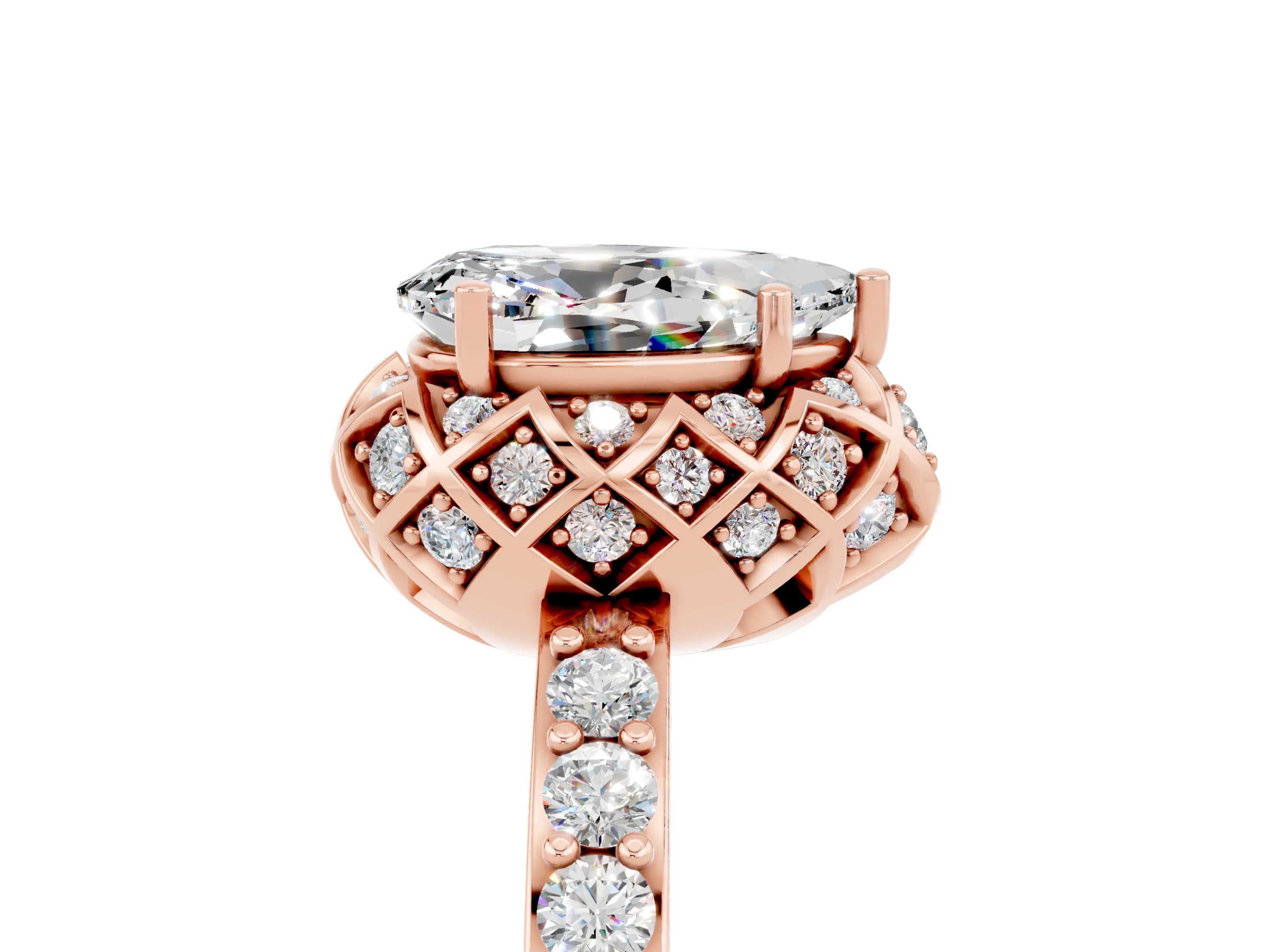 Rose gold Pear Cut Diamond Solitaire Ring with Shared Prong Pavé Band_5
