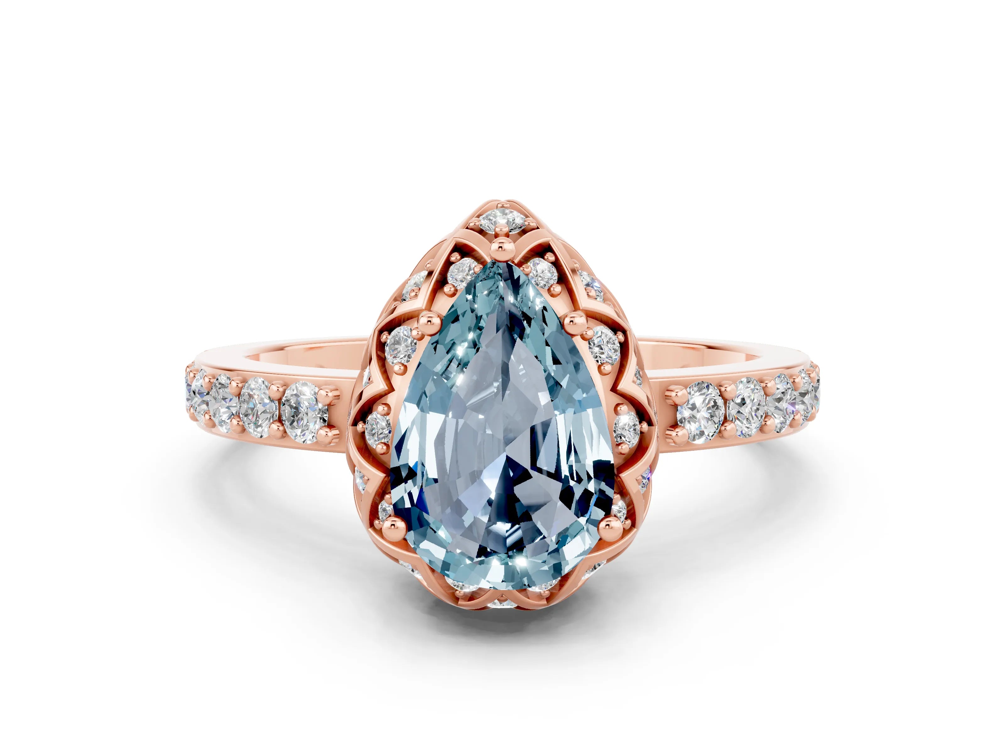 Rose gold Pear Cut Diamond Solitaire Ring with Shared Prong Pavé Band