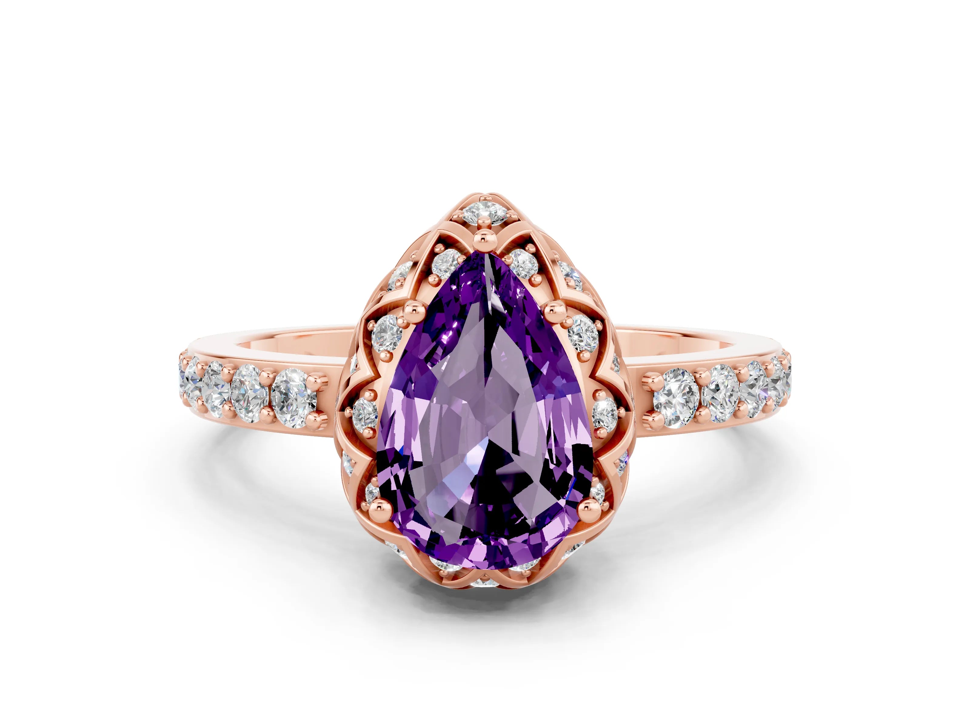 Rose gold Pear Cut Diamond Solitaire Ring with Shared Prong Pavé Band