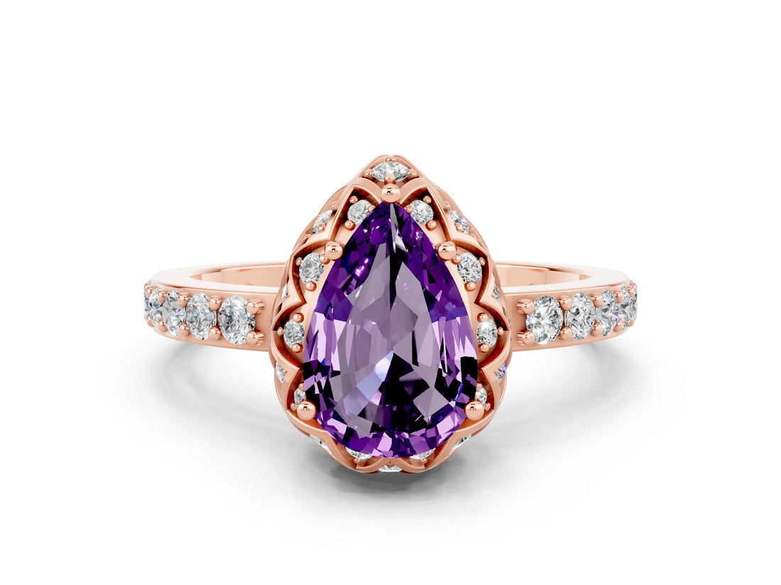 Rose gold Pear Cut Diamond Solitaire Ring with Shared Prong Pavé Band