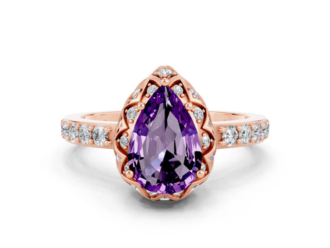 Rose gold Pear Cut Diamond Solitaire Ring with Shared Prong Pavé Band