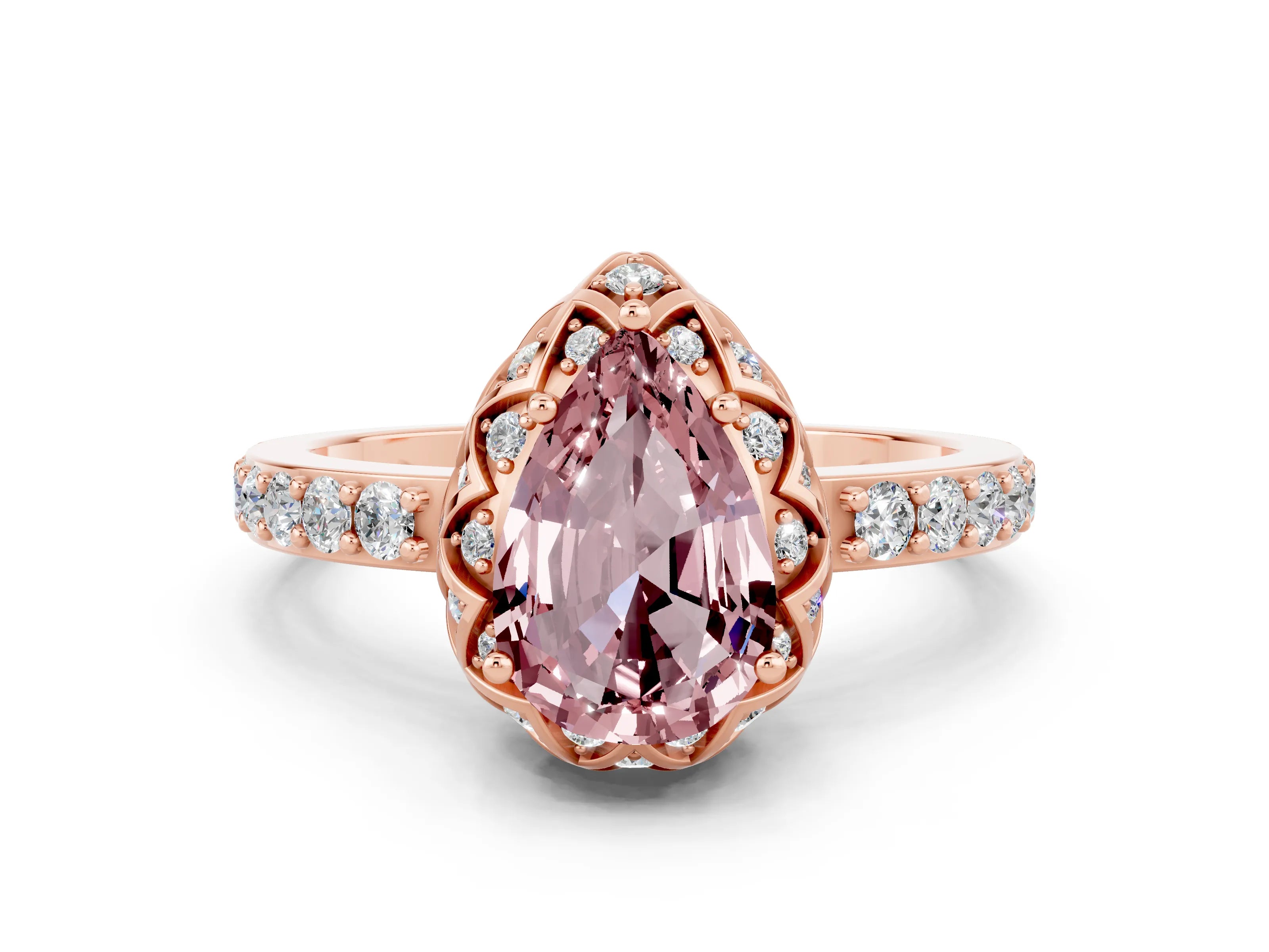 Rose gold Pear Cut Diamond Solitaire Ring with Shared Prong Pavé Band