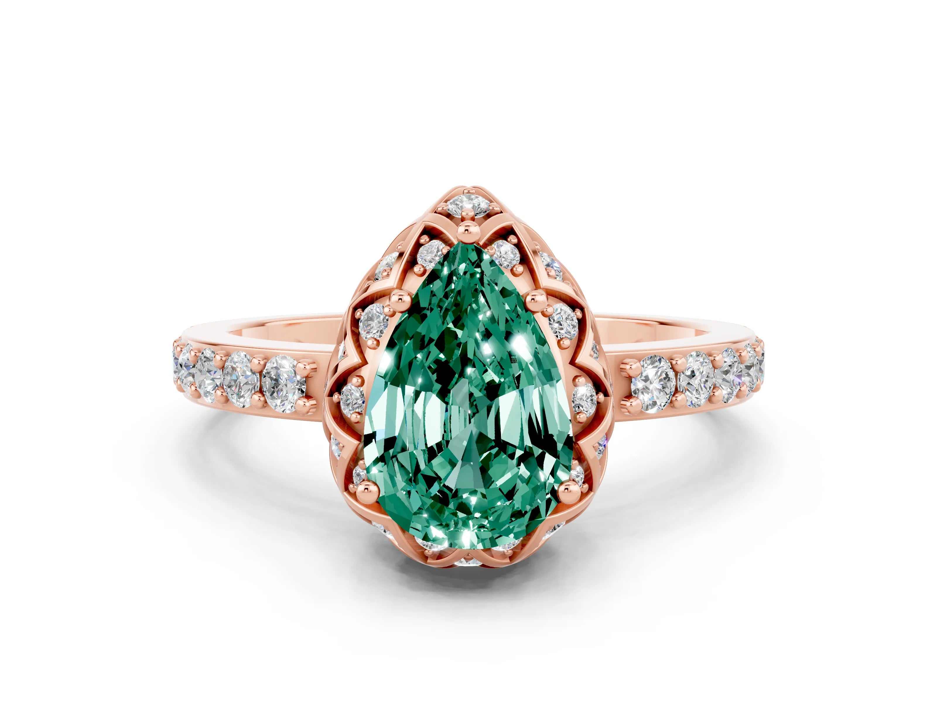 Rose gold Pear Cut Diamond Solitaire Ring with Shared Prong Pavé Band