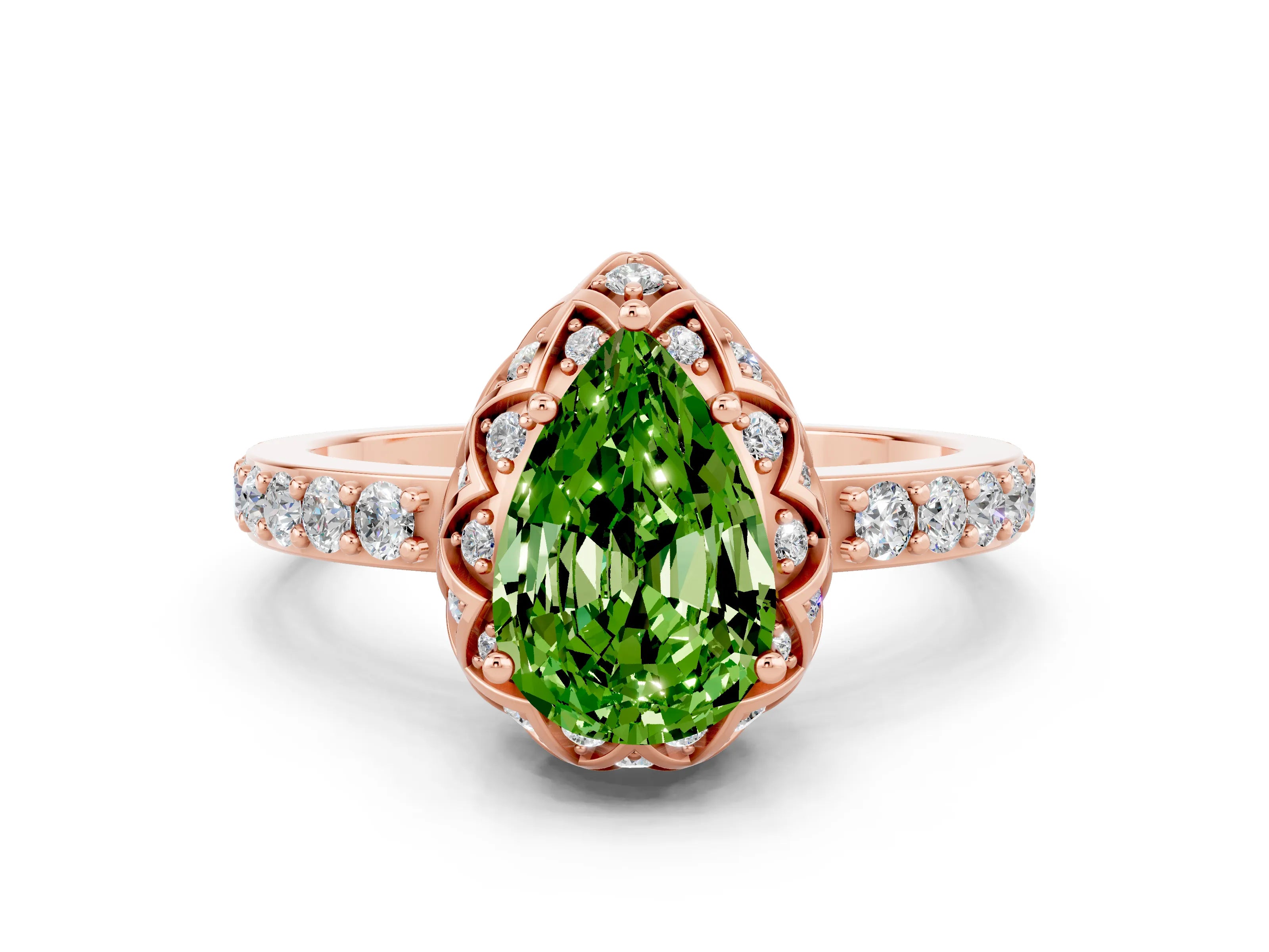 Rose gold Pear Cut Diamond Solitaire Ring with Shared Prong Pavé Band