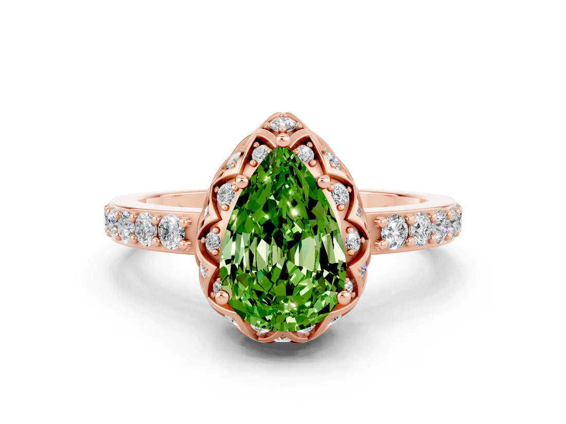 Rose gold Pear Cut Diamond Solitaire Ring with Shared Prong Pavé Band