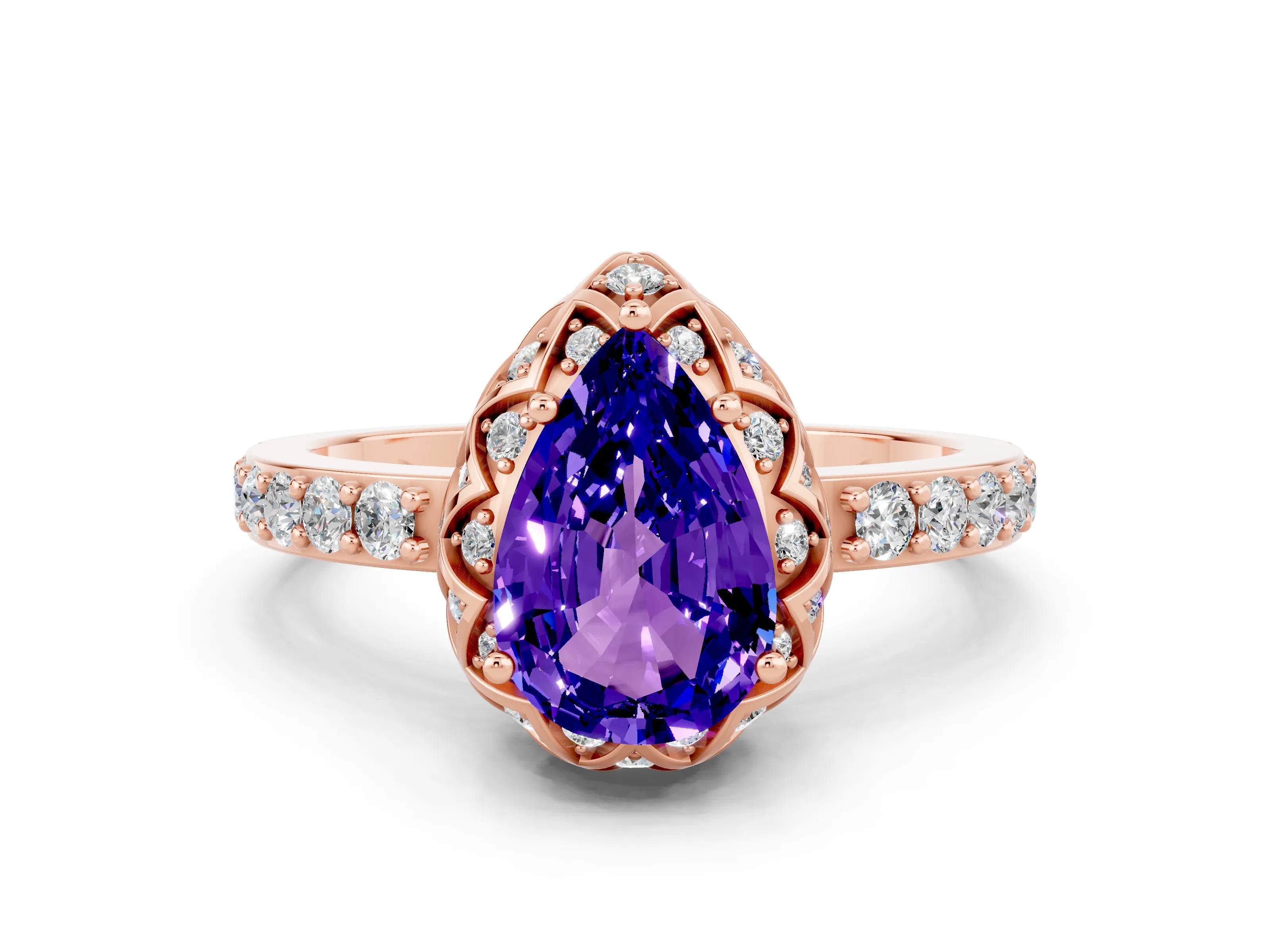 Rose gold Pear Cut Diamond Solitaire Ring with Shared Prong Pavé Band