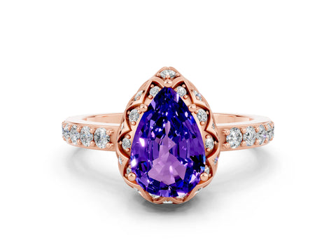 Rose gold Pear Cut Diamond Solitaire Ring with Shared Prong Pavé Band