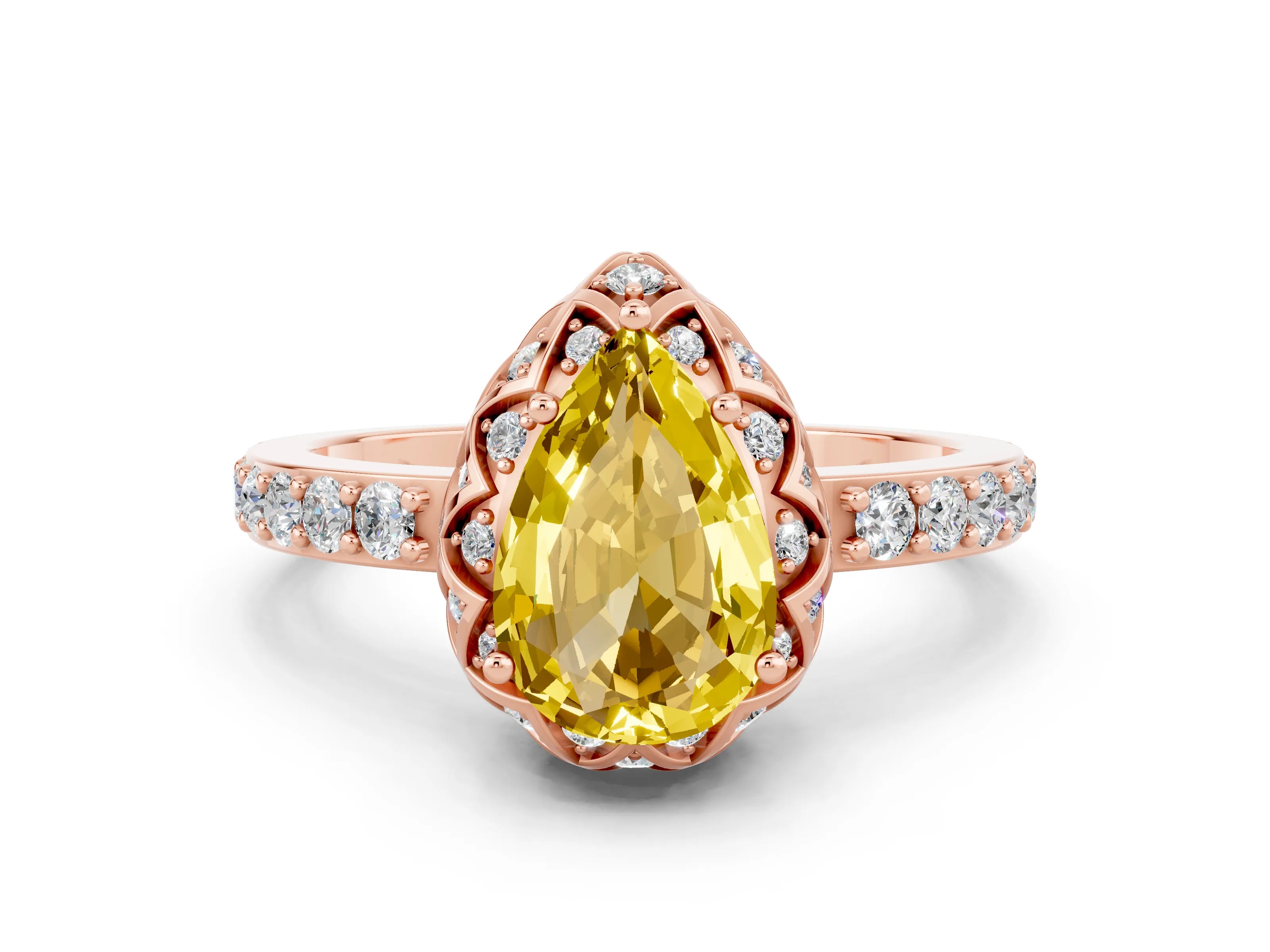 Rose gold Pear Cut Diamond Solitaire Ring with Shared Prong Pavé Band