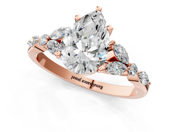 Rose gold Pear Cut Diamond Solitaire Ring with Side Stones and Four-Prong Setting