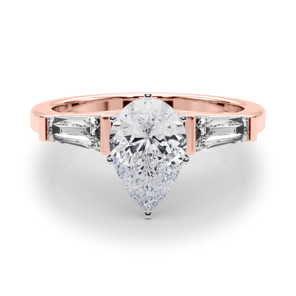 Rose gold Pear Cut Diamond Solitaire Ring with Tapered Baguette Accents and Six-Prong Setting 1