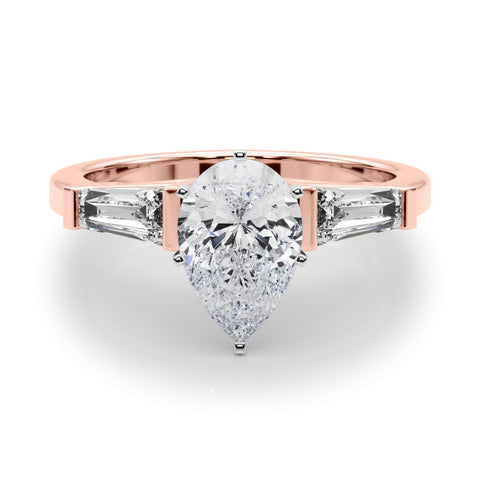 Rose gold Pear Cut Diamond Solitaire Ring with Tapered Baguette Accents and Six-Prong Setting 1