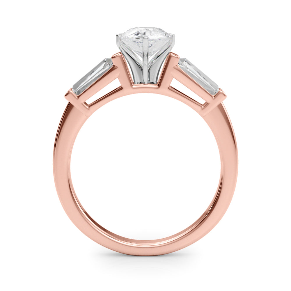 Rose gold Pear Cut Diamond Solitaire Ring with Tapered Baguette Accents and Six-Prong Setting 2