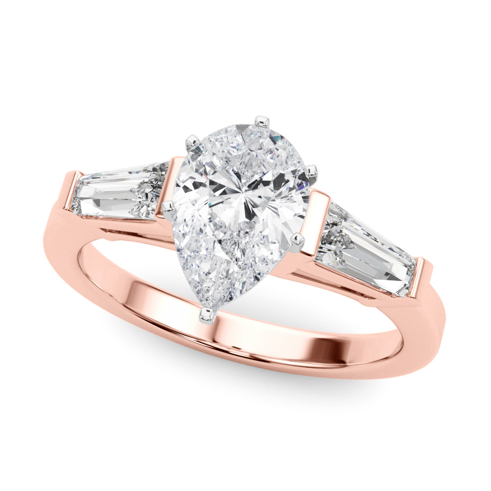 Rose gold Pear Cut Diamond Solitaire Ring with Tapered Baguette Accents and Six-Prong Setting