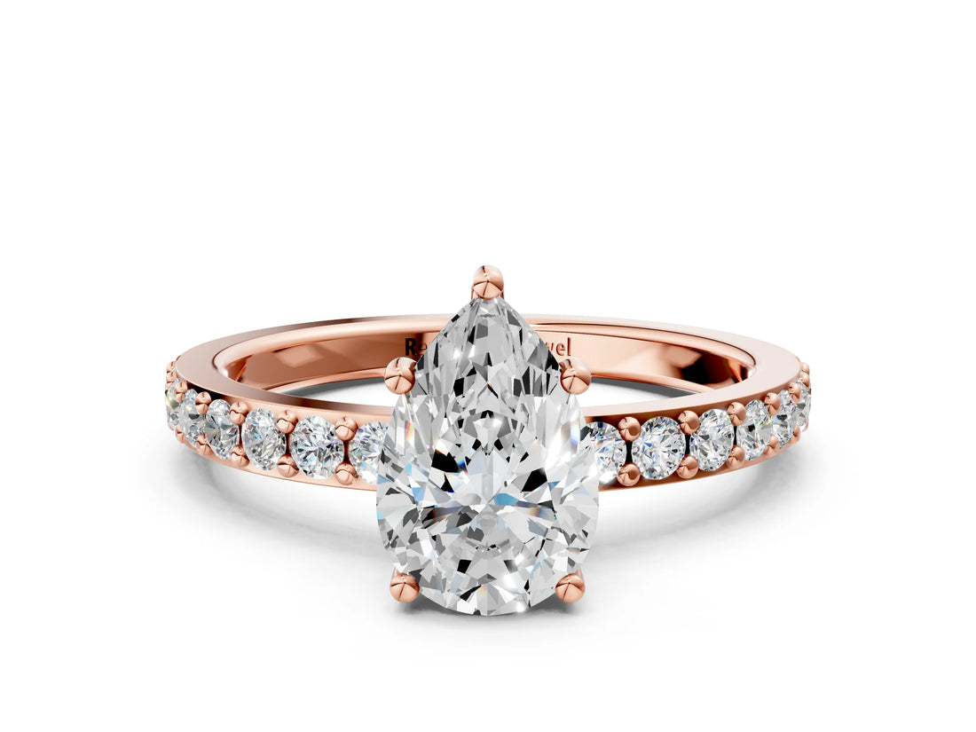 Rose gold Pear Cut Diamond Solitaire with Pave Band and Four-Prong Setting
