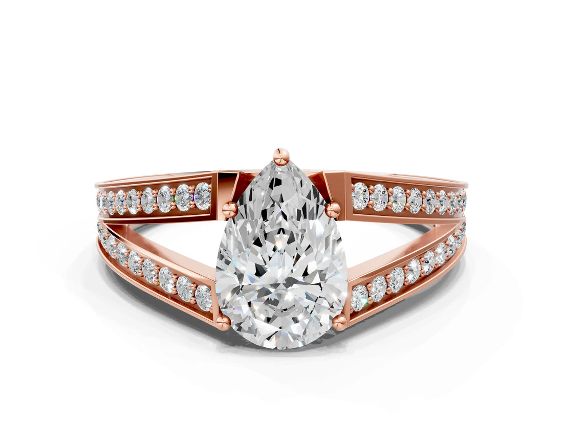 Rose gold Pear Cut Diamond Split Shank Ring with Pavé Band and Four-Prong Setting_83