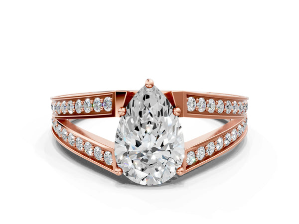 Rose Gold Pear-Shaped Split Shank Engagement Ring Setting with Pave Band and Engraved Sides