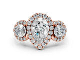 Rose gold Pear Cut Diamond Three-Stone Halo Ring with Prong Setting and Pavé Accents_9