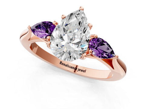 Rose gold Pear Cut Diamond Three-Stone Ring with Pear with Amethyst side stone Side Stones and Prong Setting_1