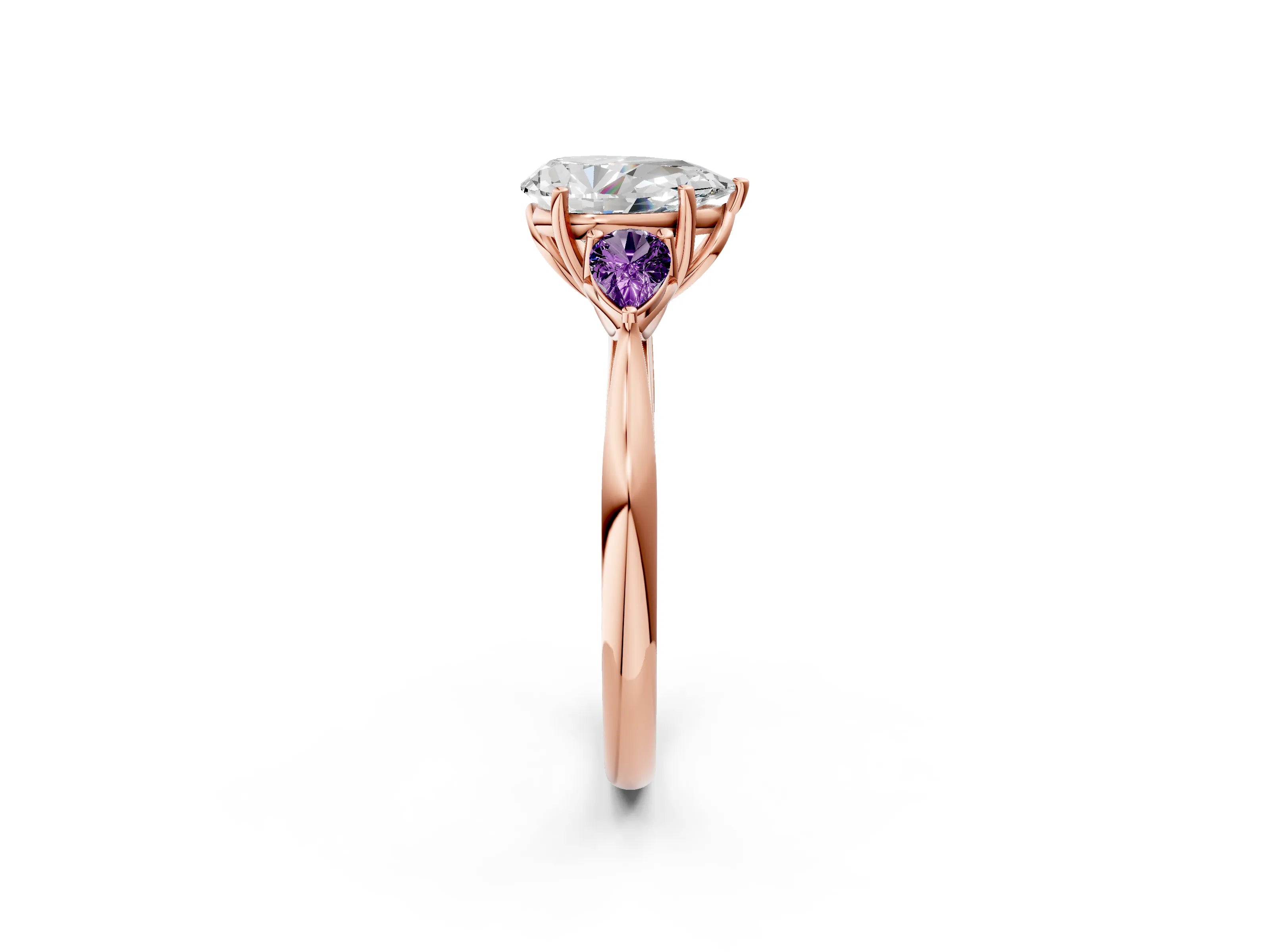Rose gold Pear Cut Diamond Three-Stone Ring with Pear with Amethyst side stone Side Stones and Prong Setting_2