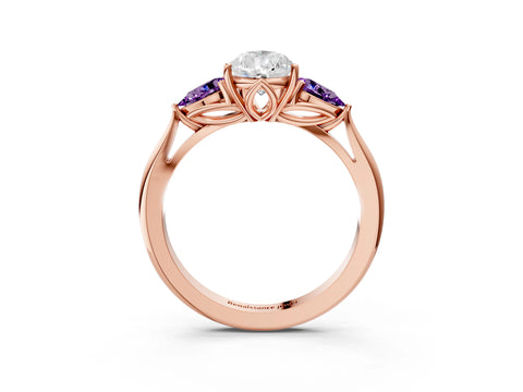 Rose gold Pear Cut Diamond Three-Stone Ring with Pear with Amethyst side stone Side Stones and Prong Setting_3