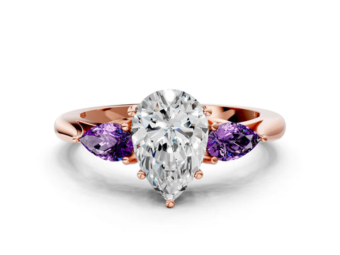 Rose gold Pear Cut Diamond Three-Stone Ring with Pear with Amethyst side stone Side Stones and Prong Setting