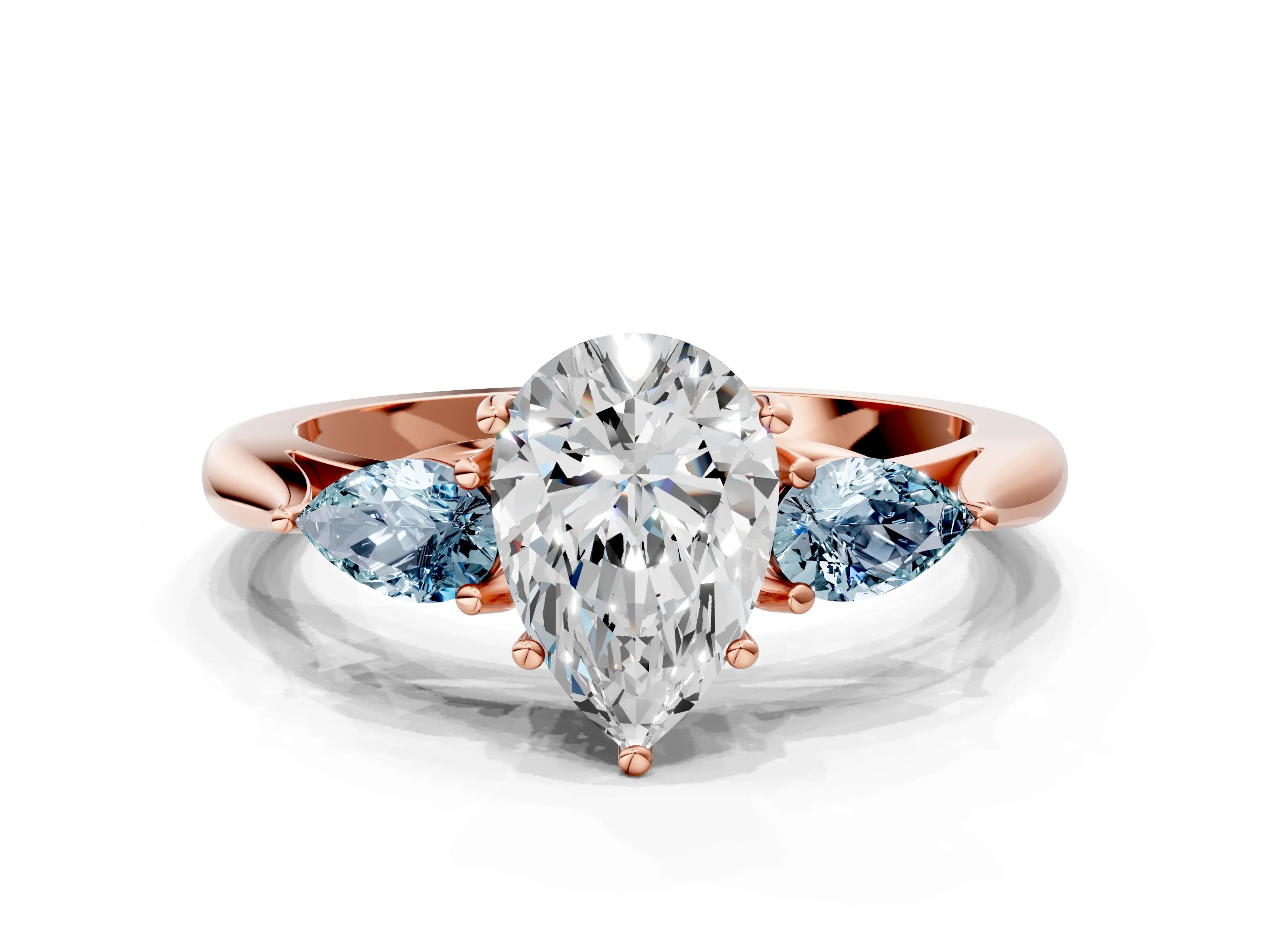Rose gold Pear Cut Diamond Three-Stone Ring with Pear with Aquamarine side stone Side Stones and Prong Setting