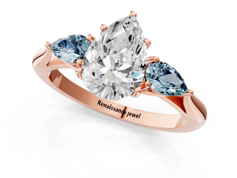 Rose gold Pear Cut Diamond Three-Stone Ring with Pear with Aquamarine side stone Side Stones and Prong Setting_1