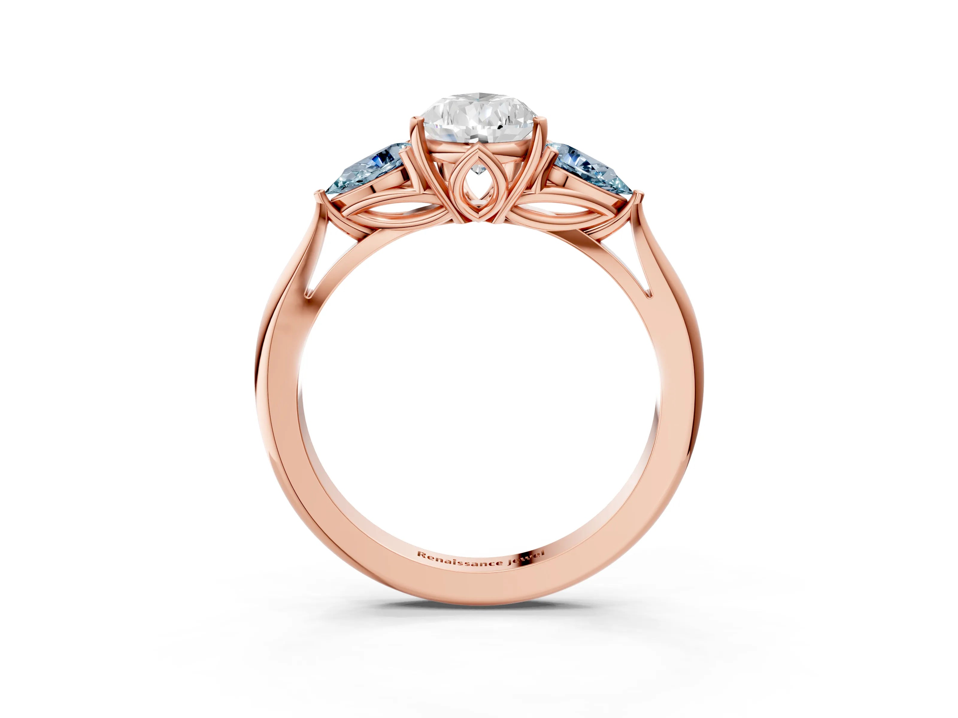 Rose gold Pear Cut Diamond Three-Stone Ring with Pear with Aquamarine side stone Side Stones and Prong Setting_3