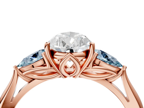 Rose gold Pear Cut Diamond Three-Stone Ring with Pear with Aquamarine side stone Side Stones and Prong Setting_4