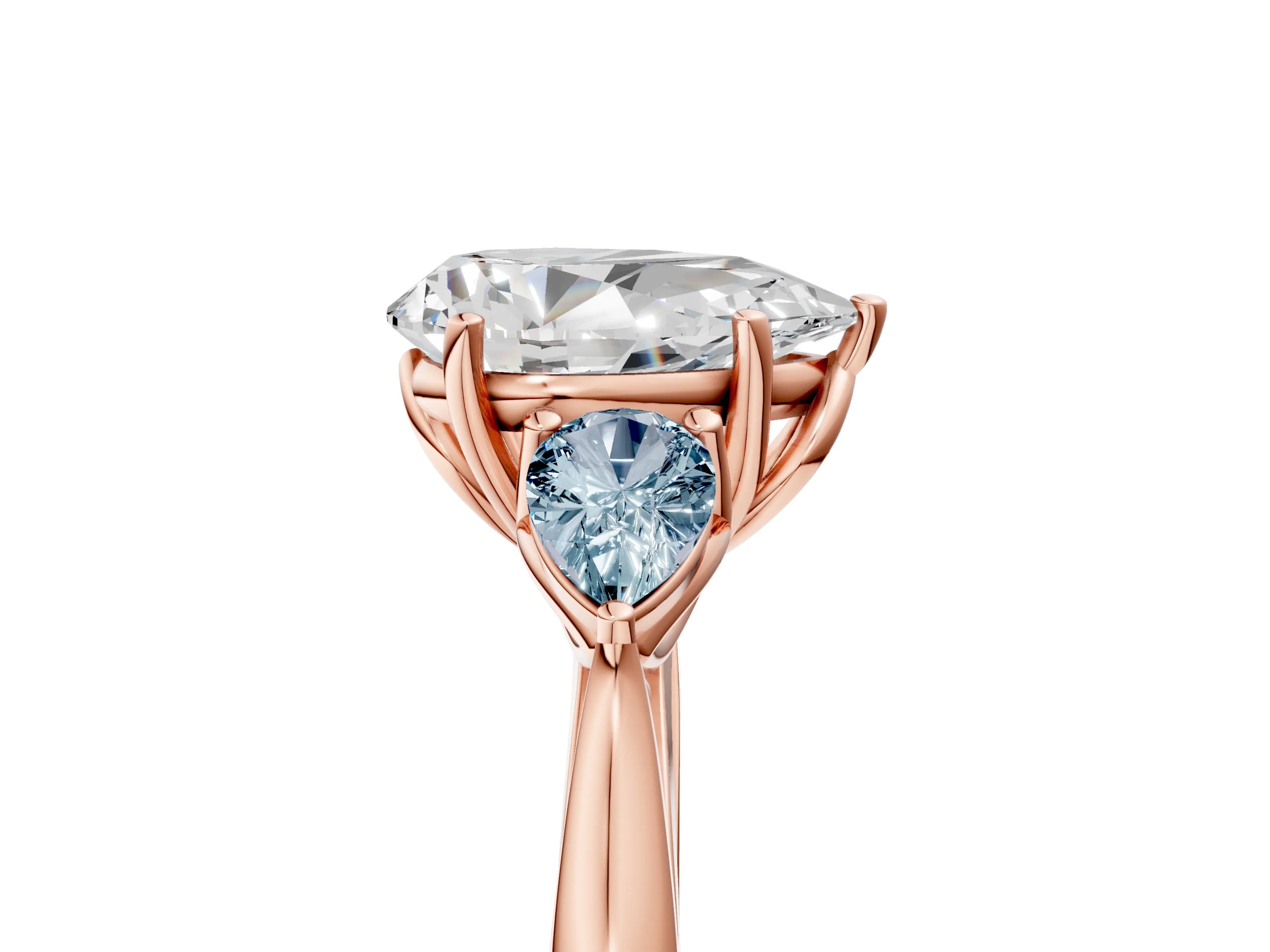 Rose gold Pear Cut Diamond Three-Stone Ring with Pear with Aquamarine side stone Side Stones and Prong Setting_5